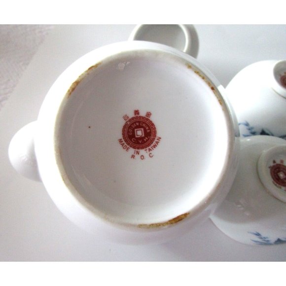 Vintage Golden China Asian Tea Set - 4 Cups & Pot Blue Floral - Ceramic Taiwan - Picture 11 of 16